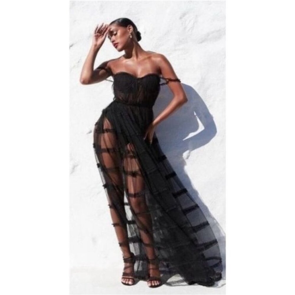 NWT Sau Lee Camille Tulle Ruffle Gown 4 Black Sheer Tiered Bustier Aline - Picture 3 of 14